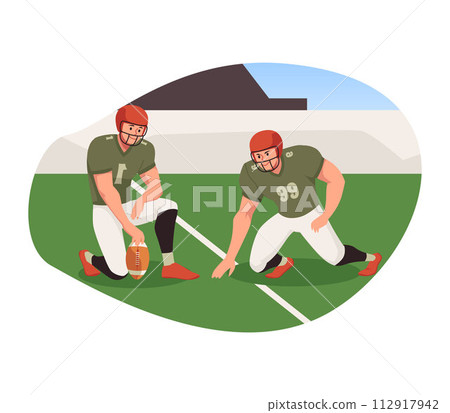 American college football players on the stadium field vector illustration, cartoon athletes in helmet playing rugby American college football players on the stadium field vector illustration, cartoon athletes in helmet playing rugby 112917942