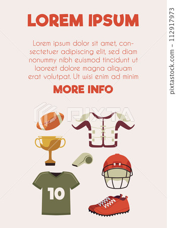 College football equipment and uniform cartoon set on vector poster, sport professional protective helmet, winner's cup ball College football equipment and uniform cartoon set on vector poster, sport professional protective helmet, winner's cup ball 112917973