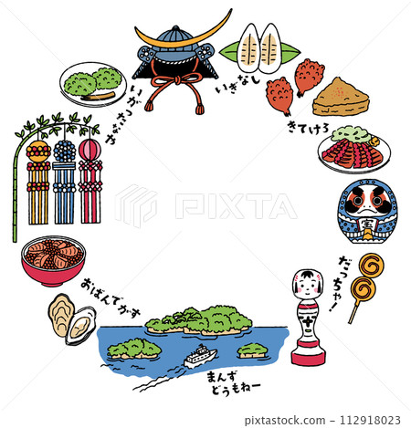 簡單可愛的圓形框架，附有與宮城縣相關的插圖（彩色） 112918023