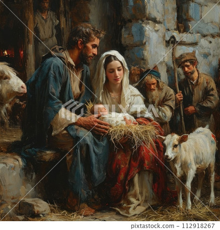 Divine narrative: a mesmerizing nativity scene, the holy essence of Christmas with a harmonious tableau of Mary, Joseph, baby Jesus Christ . Divine narrative: a mesmerizing nativity scene, the holy essence of Christmas with a harmonious tableau of Mary, Joseph, baby Jesus Christ . 112918267