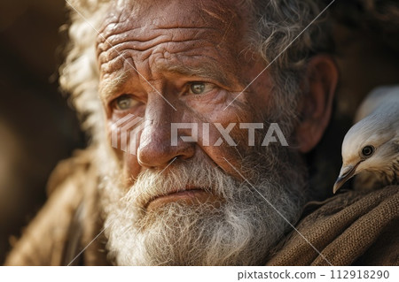 Poignant portrait biblical figure Noah stands hopeful anticipation, eyes fixed on horizon. Patiently waiting improved weather, he yearns for return of dove, embodying Christian faith and resilience Poignant portrait biblical figure Noah stands hopeful anticipation, eyes fixed on horizon. Patiently waiting improved weather, he yearns for return of dove, embodying Christian faith and resilience 112918290