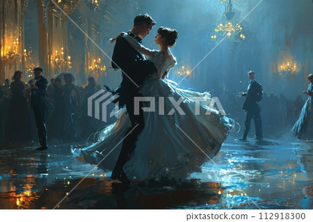 Rhythmic elegance: embracing the timeless allure of waltz, a dance of grace and harmony, partners move in rhythmic synchronization, swirling and twirling to enchanting melody of a classic composition. 112918300