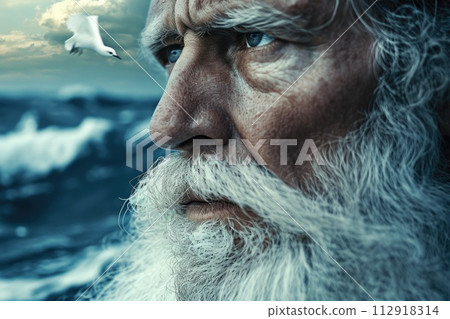 Poignant portrait biblical figure Noah stands hopeful anticipation, eyes fixed on horizon. Patiently waiting improved weather, he yearns for return of dove, embodying Christian faith and resilience 112918314