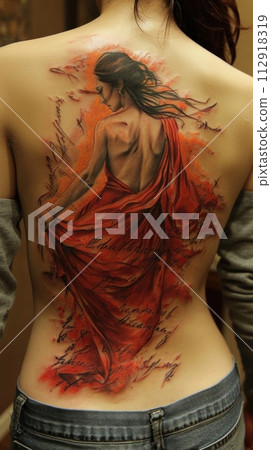 Artistry on skin: creative and beautiful tattoo adorning the back of a woman's body, a masterpiece of personal expression and aesthetic allure, celebrating the beauty of individuality 112918319