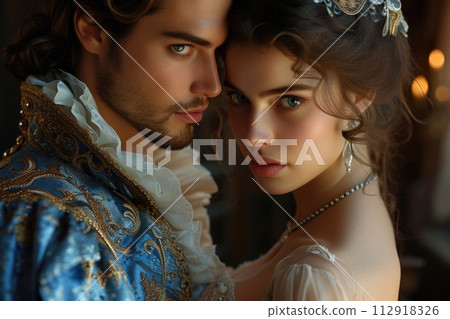 Capturing passion in the renaissance, victorian, and baroque era: a timeless love story portrayed by a couple in vintage attire, embracing the elegance, romance, and nostalgia of historical periods. 112918326