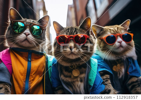 cats portrait with sunglasses, Funny animals in a group together looking at the camera, wearing clothes, having fun together, taking a selfie, An unusual moment full of fun and fashion consciousness. cats portrait with sunglasses, Funny animals in a group together looking at the camera, wearing clothes, having fun together, taking a selfie, An unusual moment full of fun and fashion consciousness. 112918357