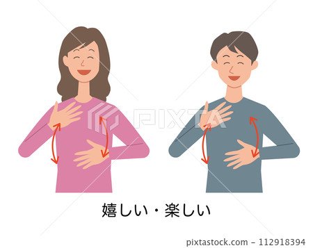 一個男人和一個女人用手語說「快樂/有趣」的插圖 一個男人和一個女人用手語說「快樂/有趣」的插圖 112918394