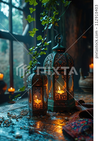 In this evocative image, a radiant Ramadan lantern illuminates the surroundings, symbolizing the holy month's spiritual warmth, cultural richness, and festive joy 112918403