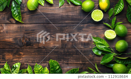 Fresh limes and green leaves on wooden table. Green citrus fruit background. Flat lay. Top view. 112918684