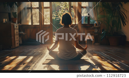 Woman meditating in a rustic cozy room. Back view. Yoga lotus pose. Woman meditating in a rustic cozy room. Back view. Yoga lotus pose. 112918723