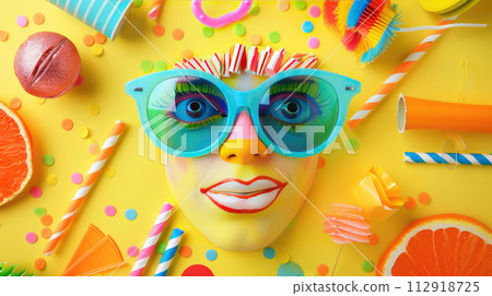 Funny face made of party items. April fool's day. Flatlay on bright background Funny face made of party items. April fool's day. Flatlay on bright background 112918725