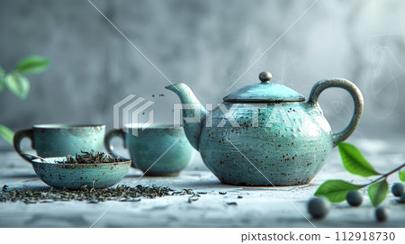 Teapot with cups, bowl of dry tea and leaves on white grunge background. Copy space 112918730