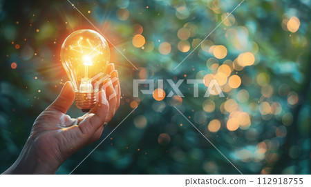 Hand holding a bright luminous Light Bulb on bokeh background. Copy space Hand holding a bright luminous Light Bulb on bokeh background. Copy space 112918755