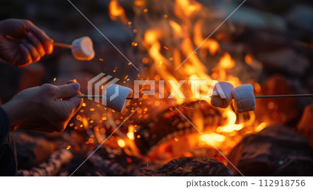 Hands of friends roasting marshmallows on the fire at campsite. Camping and food concept 112918756