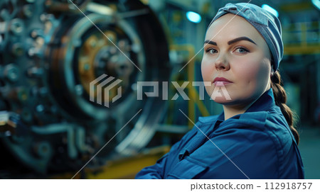 Plus size woman at a mechanical engineering factory in uniform. The concept of women's work Plus size woman at a mechanical engineering factory in uniform. The concept of women's work 112918757