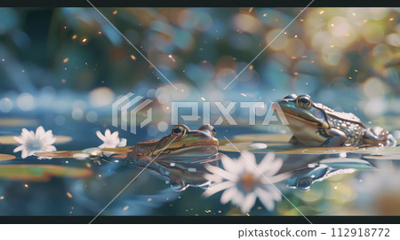 Frogs in the pond with bokeh light. A tranquil green pond background Frogs in the pond with bokeh light. A tranquil green pond background 112918772