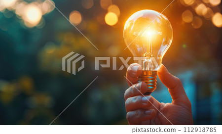 Hand holding a bright luminous Light Bulb on bokeh background. Copy space Hand holding a bright luminous Light Bulb on bokeh background. Copy space 112918785