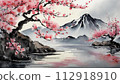 Scenery of cherry blossoms, mountains and waterside 112918910