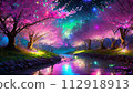 Cherry blossoms in full bloom and reflecting water surface 112918913