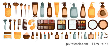 Makeup set. False eyelashes, tweezers, mascara, perfume, tube of cream, lipstick, bottle of oil, pipette, jar of cream, nail polish, brushes, wooden comb, patches, eye shadow palette, blush, dispenser 112919144