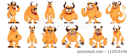 Set of orange furry monsters with cute, quirky, funny and evil emotions, funny and unique shape. A furry monster with horns poses. Bizarre orange creature. Cartoon vector. 112919146