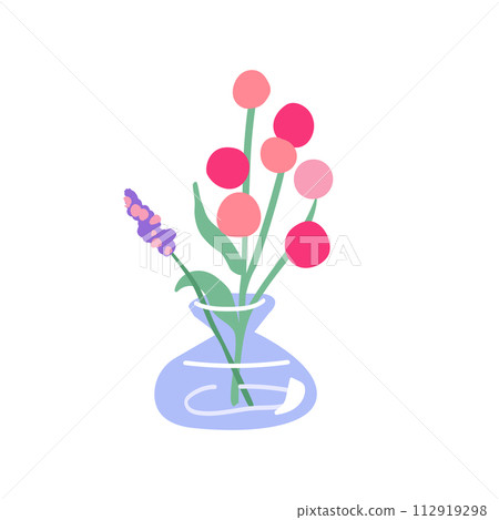 Delicate flowers, stems in a blue glass vase. Field herbs, spring meadow floral branches, simple blooms. Gentle blossomed plants. Botanical design elements. Flat vector illustration isolated on white 112919298