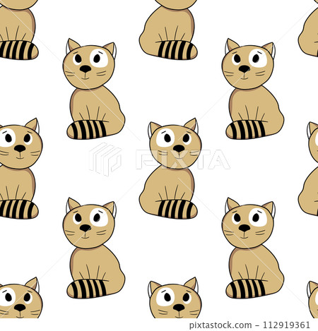Seamless pattern with cute kitten print. Different cats on color background. Doodle style illustration for kids. Vector illustration for fabric, textile, wallpaper, home clothing, pajama Seamless pattern with cute kitten print. Different cats on color background. Doodle style illustration for kids. Vector illustration for fabric, textile, wallpaper, home clothing, pajama 112919361