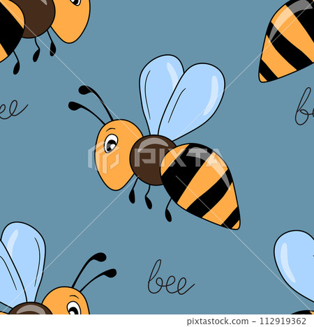 Seamless pattern with bees on color background. Small wasp. Vector illustration. Adorable cartoon character. Template design for invitation, cards, textile, fabric. Doodle style Seamless pattern with bees on color background. Small wasp. Vector illustration. Adorable cartoon character. Template design for invitation, cards, textile, fabric. Doodle style 112919362