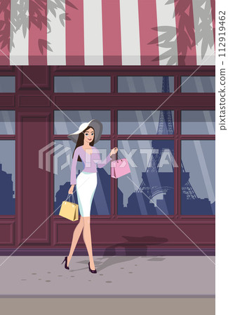 A girl in a hat against a shop window where Paris is reflected. Vector. A girl in a hat against a shop window where Paris is reflected. Vector. 112919462