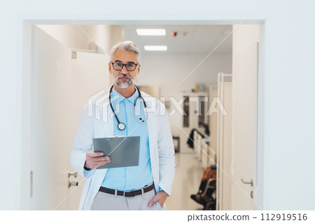 Portrait of doctor in hospital corridor. Handsome doctor with gray hair wearing white coat, stethoscope around neck standing in modern private clinic. 112919516