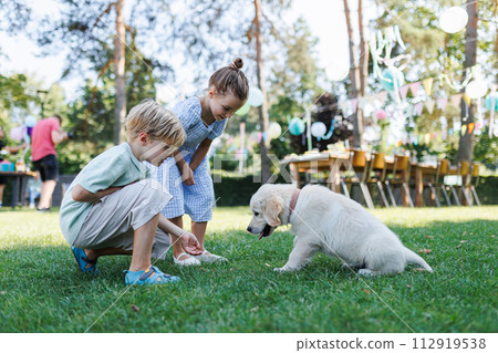 Children playing with a small puppy at a family garden party. Portrait of little boy and girl on grass with Golden retriever puppy. 112919538