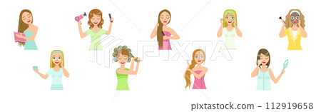 Beautiful Woman Character Engaged in Self Care and Grooming Vector Set Beautiful Woman Character Engaged in Self Care and Grooming Vector Set 112919658