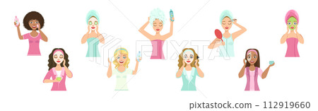 Beautiful Woman Character Engaged in Self Care and Grooming Vector Set Beautiful Woman Character Engaged in Self Care and Grooming Vector Set 112919660