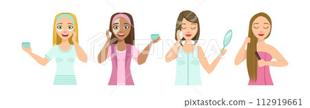 Beautiful Woman Character Engaged in Self Care and Grooming Vector Set Beautiful Woman Character Engaged in Self Care and Grooming Vector Set 112919661