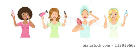 Beautiful Woman Character Engaged in Self Care and Grooming Vector Set Beautiful Woman Character Engaged in Self Care and Grooming Vector Set 112919662