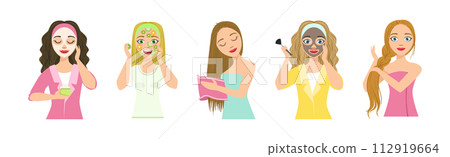 Beautiful Woman Character Engaged in Self Care and Grooming Vector Set Beautiful Woman Character Engaged in Self Care and Grooming Vector Set 112919664