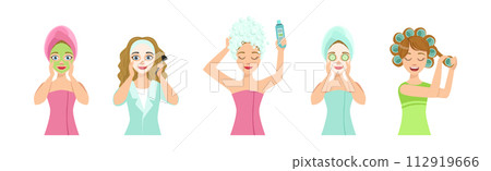 Beautiful Woman Character Engaged in Self Care and Grooming Vector Set Beautiful Woman Character Engaged in Self Care and Grooming Vector Set 112919666