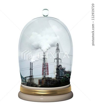 Environmental pollution, net CO2 footprint neutralize development. Glass protective cap catching factory harmful cloud. Ecology and conservation protection concept. Isolated on white. 3d render Environmental pollution, net CO2 footprint neutralize development. Glass protective cap catching factory harmful cloud. Ecology and conservation protection concept. Isolated on white. 3d render 112919720