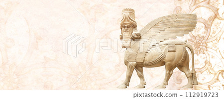 Grunge background with stucco texture, ancient carved ornament and stone statue of lamassu. Horizontal banner with assyrian protective deity - human-headed winged bull. Copy space for text Grunge background with stucco texture, ancient carved ornament and stone statue of lamassu. Horizontal banner with assyrian protective deity - human-headed winged bull. Copy space for text 112919723