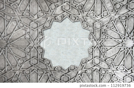Frame with traditional islamic ornament. Copper window shutter with antique and national moroccan floral pattern. Oriental ornaments with artistic with chasing for brass. Copy space for text Frame with traditional islamic ornament. Copper window shutter with antique and national moroccan floral pattern. Oriental ornaments with artistic with chasing for brass. Copy space for text 112919736