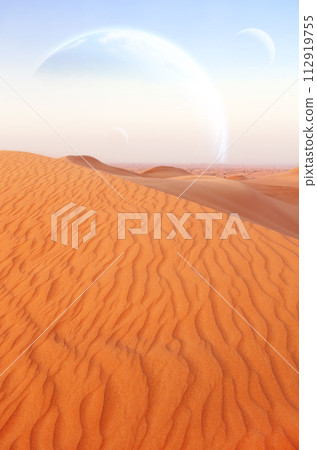 Fantastic scenic with sand desert and planets in sky. Beautiful landscape with red sand dunes and three planets in blue sky. 3d render 112919755
