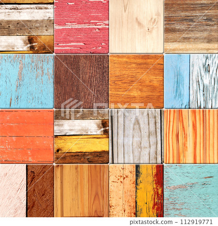 Square background with wooden pattern of different colors. Samples textures of wooden flooring laminate. Parquet timber sample set. Natural material. Collection of lumber texture 112919771