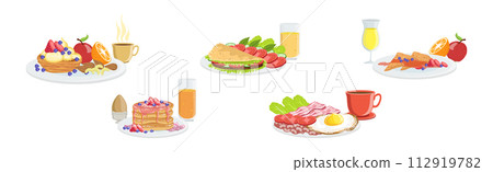 Colorful Breakfast Meal and Morning Food Served Vector Set 112919782