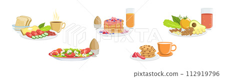 Colorful Breakfast Meal and Morning Food Served Vector Set 112919796