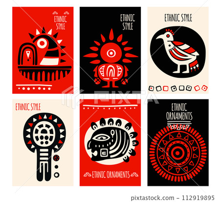 Set of eye-catched card, banner, background, flyer, placard with ethnic ornaments. Collection of cards, gift tags, labels or posters templates with mexican tribal motifs. Vector illustration EPS8 112919895