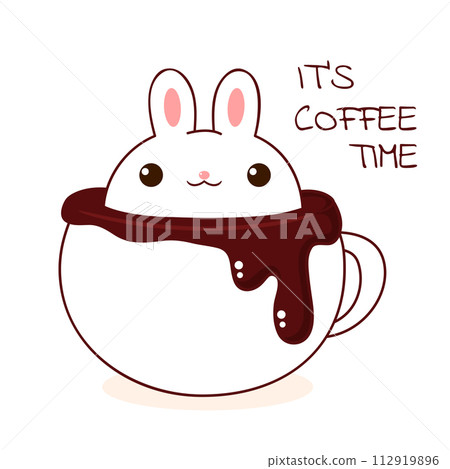 Square retro card with cute animal in cup in kawaii style. Vintage style card with lovely little bunny in cup. Can be used for t-shirt print, stickers, greeting card design. 112919896