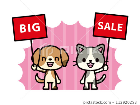持有銷售標誌的狗和貓角色的插圖 持有銷售標誌的狗和貓角色的插圖 112920258