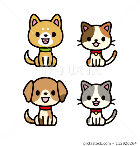 Illustration set of dogs and cats sitting facing the front Illustration set of dogs and cats sitting facing the front 112920264