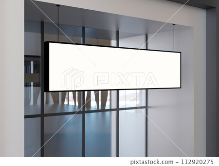 Blank signboard, billboard mock up, on the facade. Copy space for store sign, logo, advertising. Modern empty outdoor signage, mockup to add company logo. Shop Signboard. Illuminated lightbox. 3D. Blank signboard, billboard mock up, on the facade. Copy space for store sign, logo, advertising. Modern empty outdoor signage, mockup to add company logo. Shop Signboard. Illuminated lightbox. 3D. 112920275