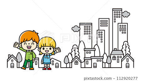 Illustration of a monochrome cityscape and brothers waving with smiles 112920277